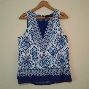 Blue Rain Mosaic Blue and White Tank Top/ Blouse